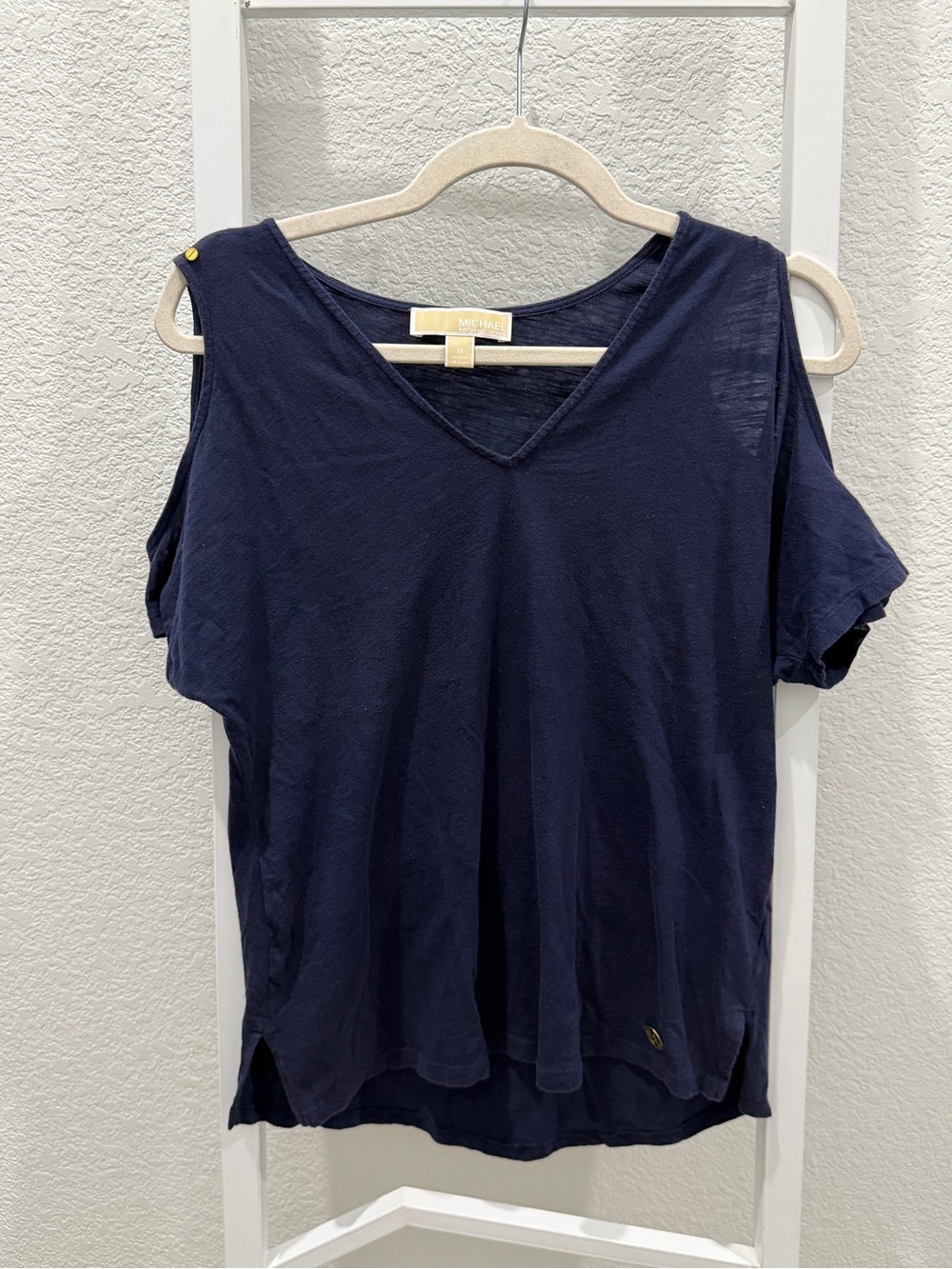 Michael Kors Navy Cold-Shoulder V-Neck Tee with Gold Accent